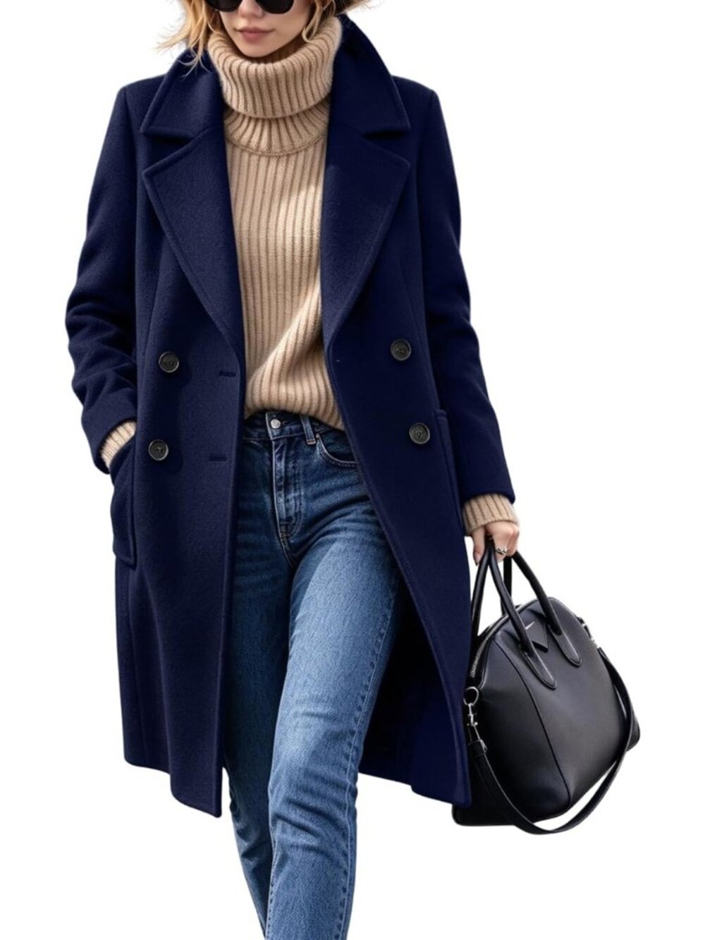 Women's Navy Blue Notch Collar Long Sleeve Double Breasted Long Wool Pea Coats